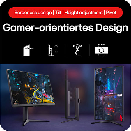 32-Zoll UltraGear Monitor mit randlosem Design, Neigung, Höhenverstellung und Pivot-Funktion für flexible Gaming-Setups.
