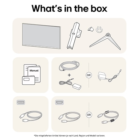 What’s in the Box des LG UltraGear Gaming Monitors 32-Zoll mit Panel, Standfuß, Netzkabel und Benutzerhandbuch. Inhalt kann variieren.