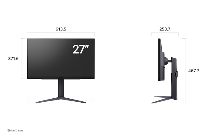 Maßansicht des LG UltraGear Gaming Monitors 27-Zoll mit exakten Abmessungen in mm inklusive Standfuß.