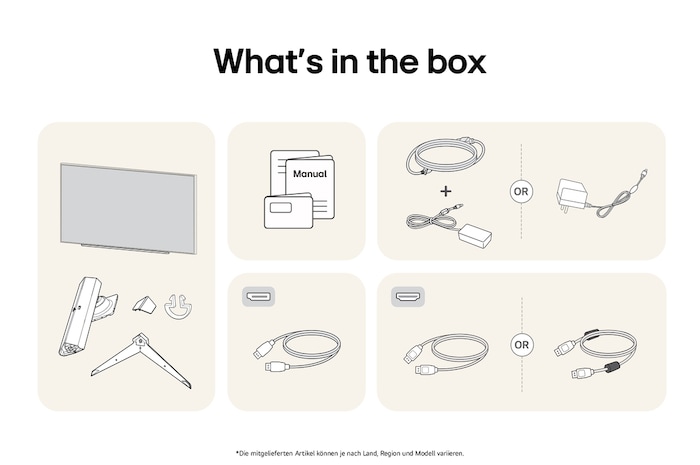 What’s in the Box des LG UltraGear Gaming Monitors 27-Zoll mit Panel, Standfuß, Netzkabel und Benutzerhandbuch. Inhalt kann variieren.