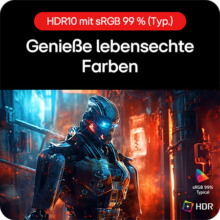 27-Zoll Display mit HDR10 und 99% sRGB Abdeckung, liefert lebensechte Farben und lebendige Helligkeit für immersive Spielgrafik.