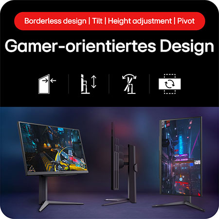 27-Zoll UltraGear Monitor mit randlosem Design, Neigung, Höhenverstellung und Pivot-Funktion für flexible Gaming-Setups.