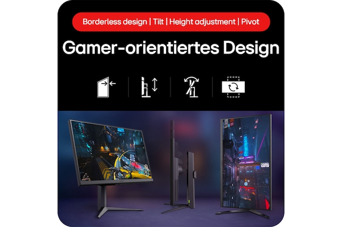 32-Zoll UltraGear Monitor mit randlosem Design, Neigung, Höhenverstellung und Pivot-Funktion für flexible Gaming-Setups.