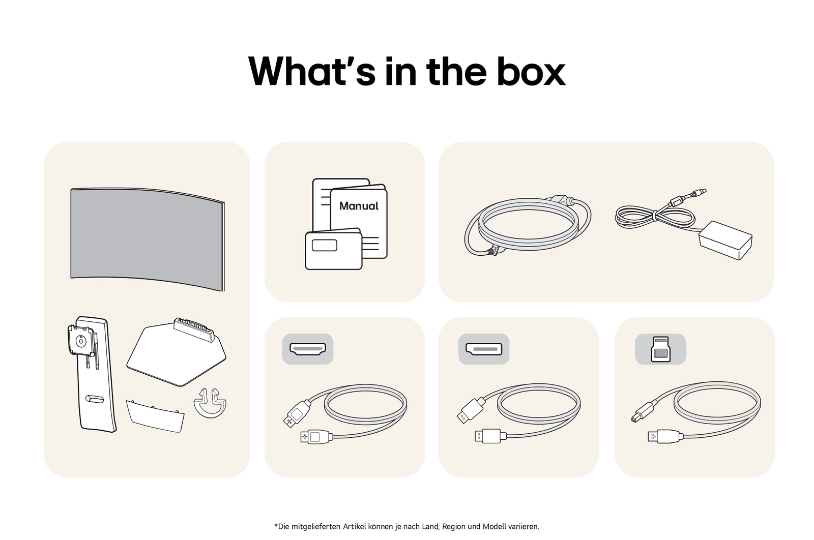 What’s in the Box enthält Monitorpanel, Standfuß, Standhals, Netzkabel und Handbuch; Inhalt kann variieren.