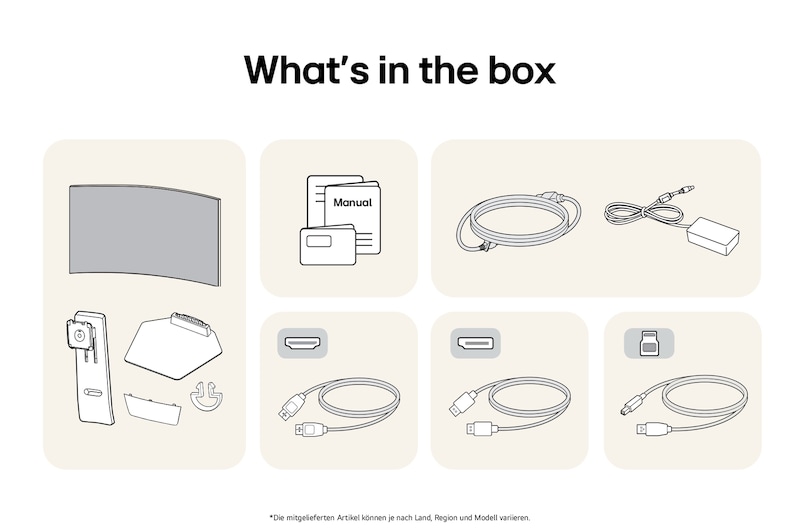  What’s in the Box enthält Monitorpanel, Standfuß, Standhals, Netzkabel und Handbuch; Inhalt kann variieren.