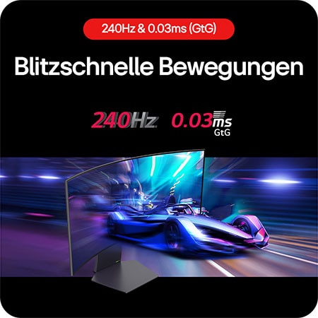 LG UltraGear 34-Zoll Gaming Monitor 34GS95QE-B mit 240Hz Bildwiederholrate und 0,03ms Reaktionszeit für schlierenfreies Spiel.