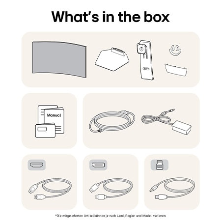 What’s in the Box enthält Monitorpanel, Standfuß, Standhals, Netzkabel und Handbuch; Inhalt kann variieren.