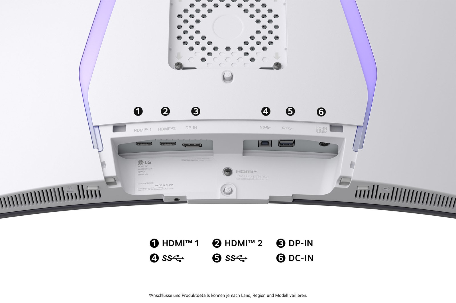 Rückansicht des 34-Zoll Monitors mit HDMI-, DP-, USB- und DC-in-Anschlüssen für vielseitige Geräteverbindungen.
