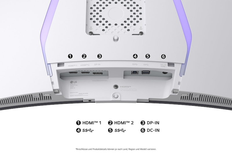 Rückansicht des 34-Zoll Monitors mit HDMI-, DP-, USB- und DC-in-Anschlüssen für vielseitige Geräteverbindungen.