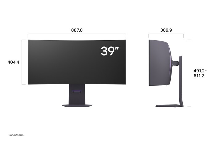 Maßansicht des LG UltraGear 39-Zoll Gaming Monitors mit exakten Abmessungen in mm inklusive Standfuß für präzise Positionierung.