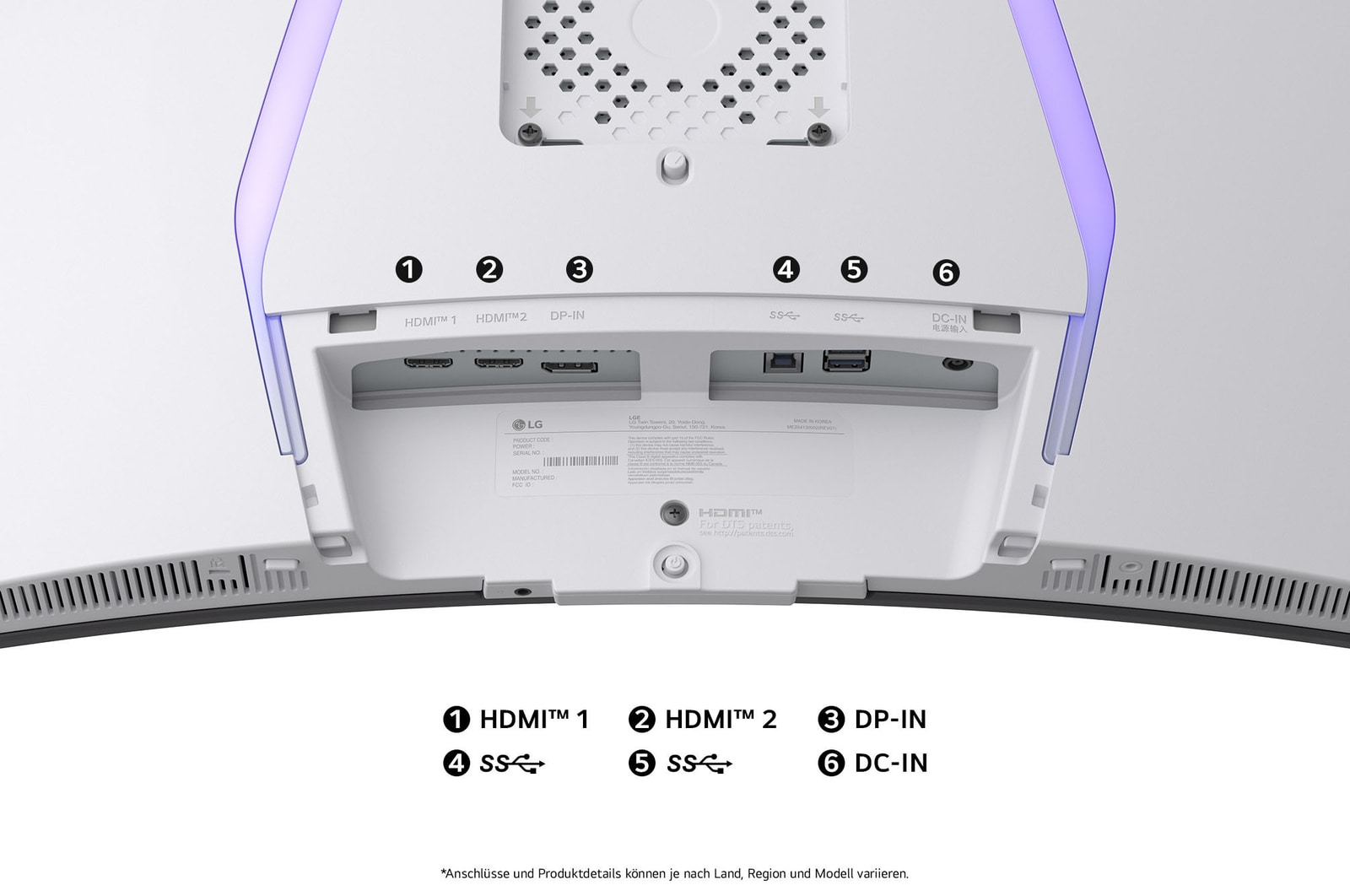 Rückansicht des LG UltraGear 39-Zoll Gaming Monitors mit HDMI-, DisplayPort-, USB- und DC-in-Anschlüssen für vielseitige Nutzung.