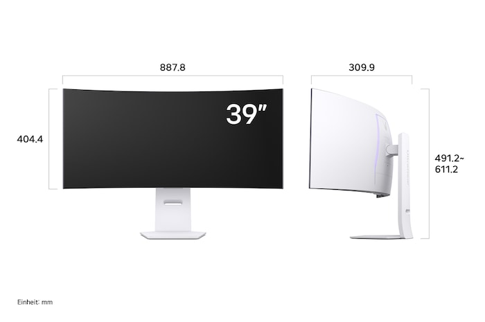 Maßansicht des LG UltraGear 39-Zoll Gaming Monitors mit exakten Abmessungen in mm inklusive Standfuß für präzise Positionierung.