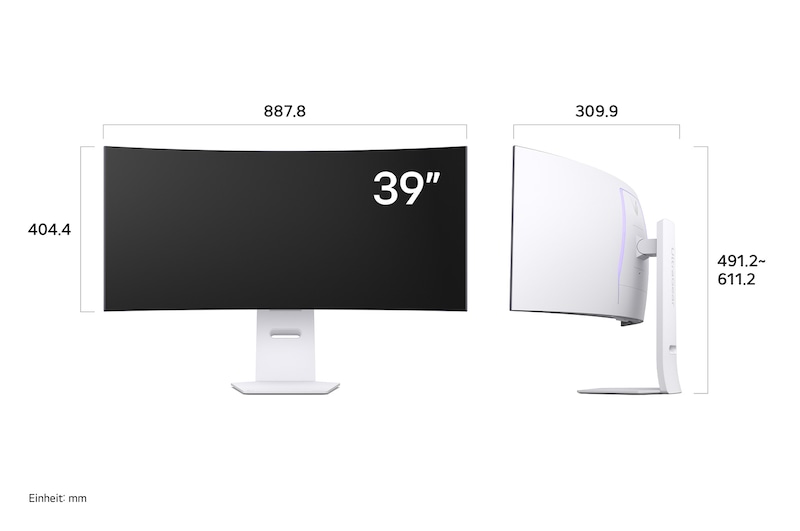 Maßansicht des LG UltraGear 39-Zoll Gaming Monitors mit exakten Abmessungen in mm inklusive Standfuß für präzise Positionierung.