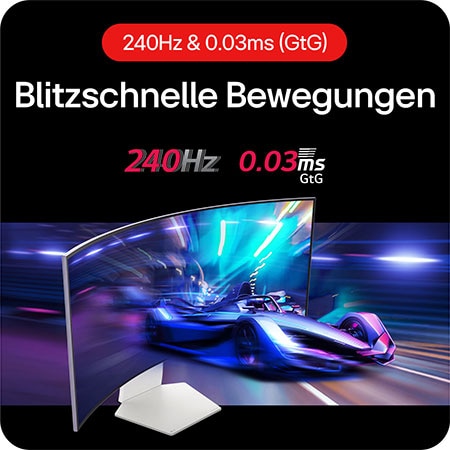 240Hz Bildwiederholrate und 0,03 ms Reaktionszeit des LG UltraGear OLED Monitors ermöglichen ultraschnelle, flüssige Action.