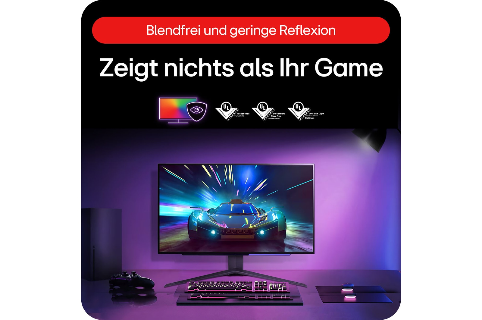 LG UltraGear 27-Zoll OLED Gaming-Monitor mit blendfreier, reflexionsarmer Oberfläche für ungestörten Spiel­fokus.