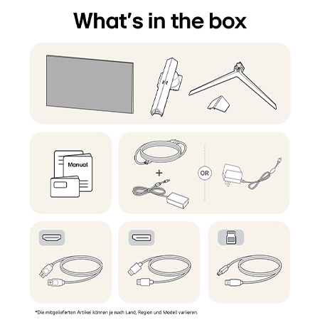 What’s in the Box – LG UltraGear Monitor-Paket enthält Panel, Standfuß, Standhals, Netzkabel und Benutzerhandbuch; Inhalt kann je nach Region variieren.