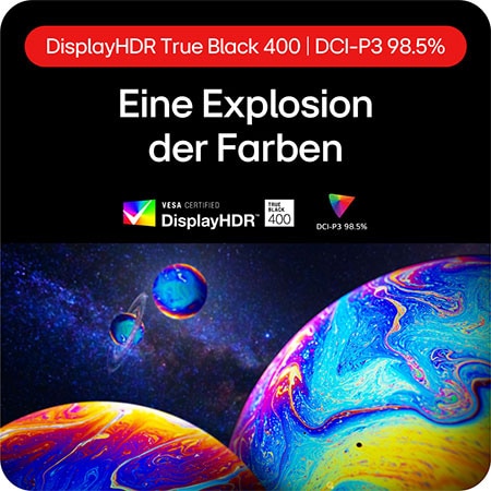 OLED Gaming-Display mit DisplayHDR True Black 400 und 98,5 % DCI-P3 für lebendige, detailreiche Farbwiedergabe.