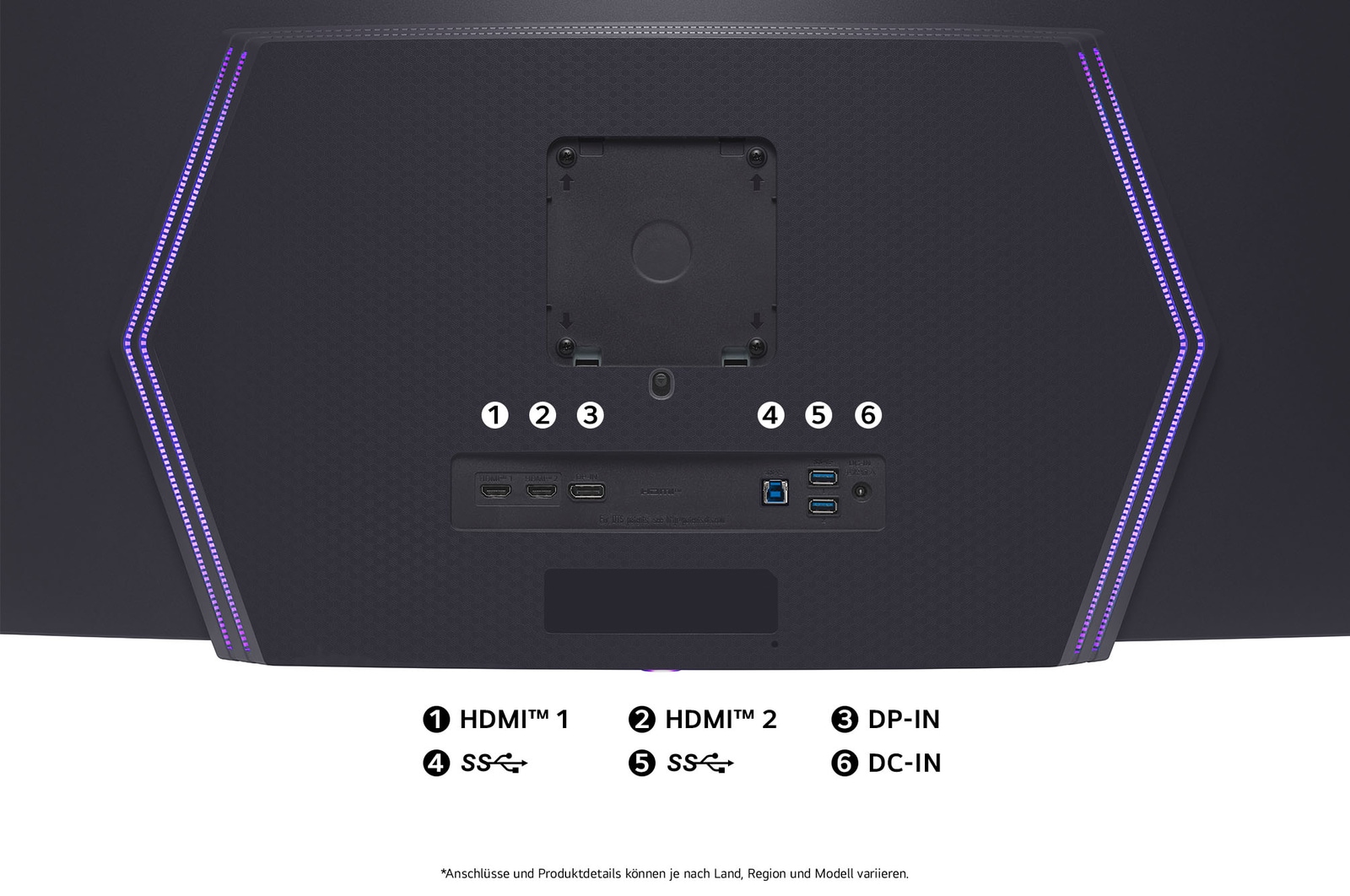 Rückansicht des LG UltraGear 45-Zoll Gaming-Monitors mit den verfügbaren Anschlüssen und Slots.