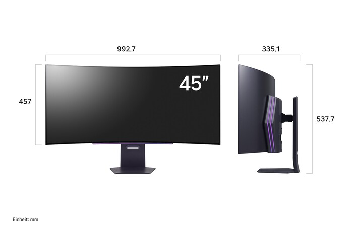 Maßansicht des LG UltraGear 45-Zoll Gaming-Monitors mit Vorder- und Seitenprofil.