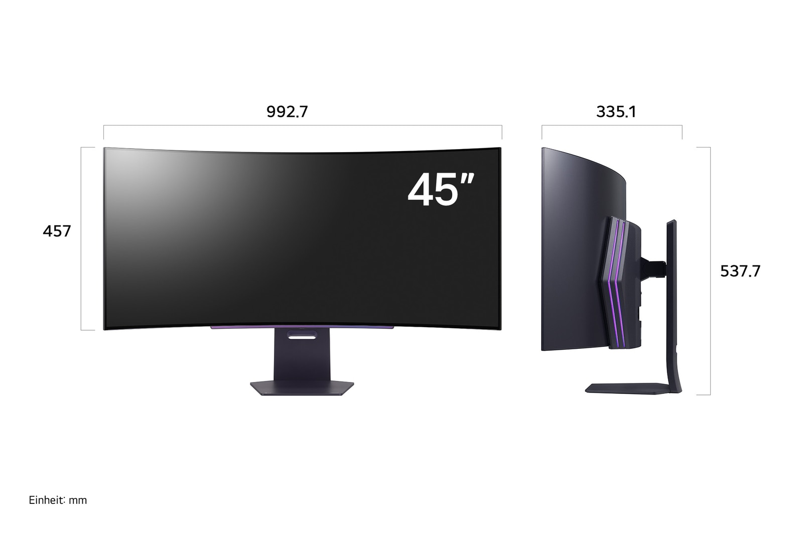 Maßansicht des LG UltraGear 45-Zoll Gaming-Monitors mit Vorder- und Seitenprofil.