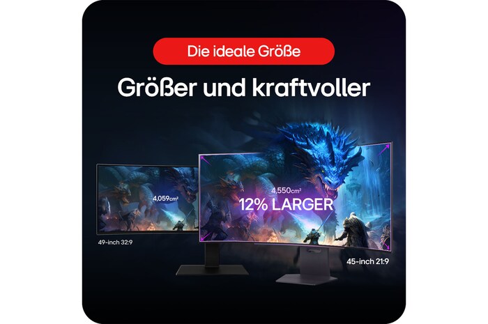LG UltraGear 45-Zoll Gaming-Monitor im 21:9-Format mit 12 % größerer Bildschirmfläche im Vergleich zu einem 49-Zoll-32:9-Display.
