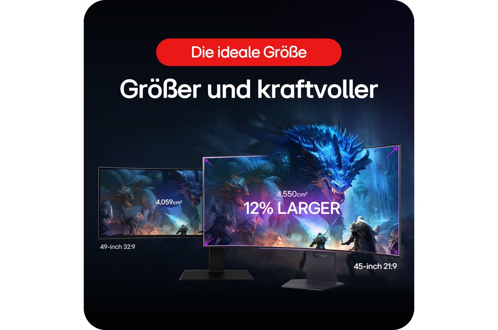 LG UltraGear 45-Zoll Gaming-Monitor im 21:9-Format mit 12 % größerer Bildschirmfläche im Vergleich zu einem 49-Zoll-32:9-Display.