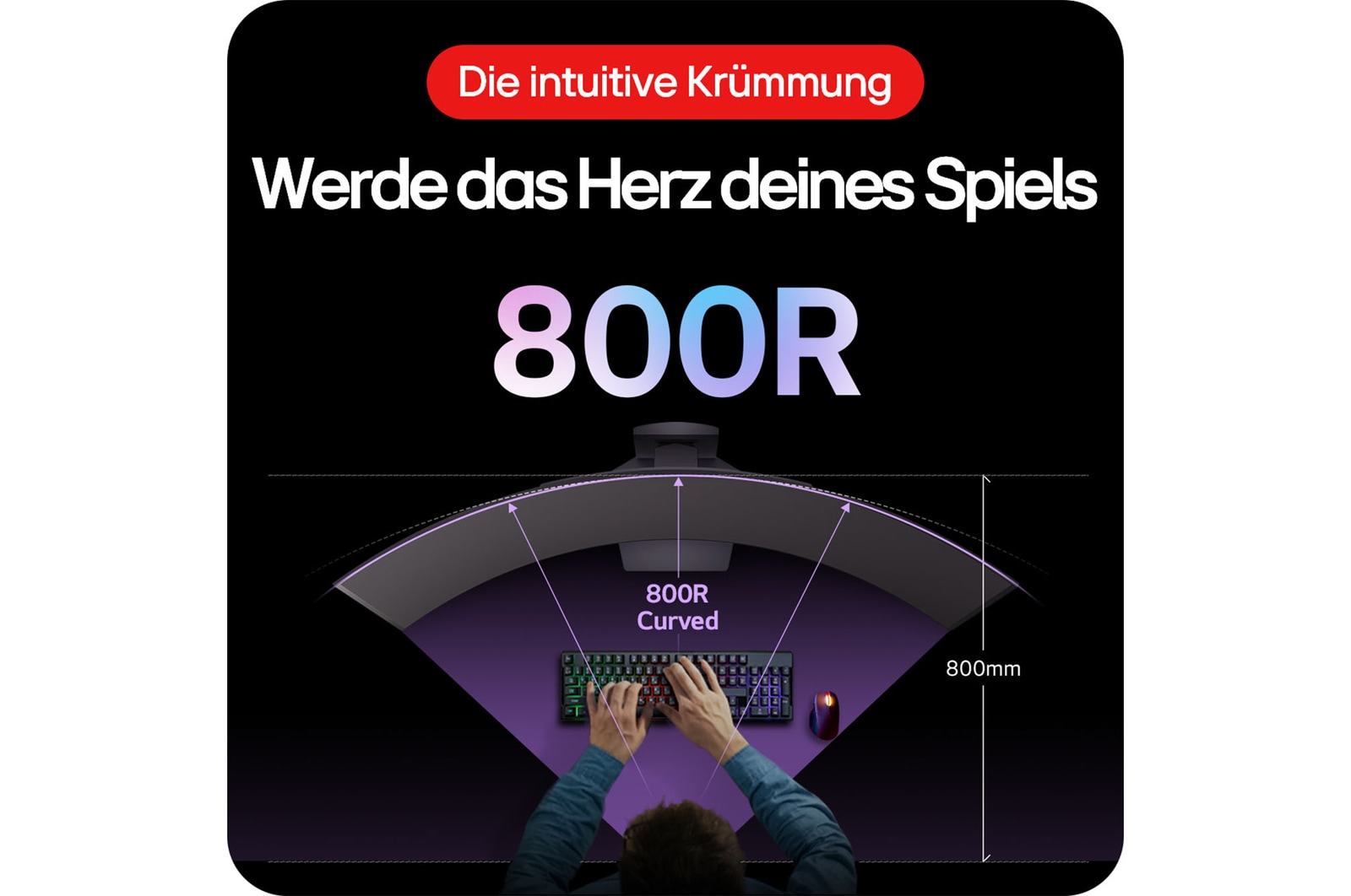 LG UltraGear Curved OLED Gaming-Monitor mit 800R-Krümmung für immersives Seherlebnis im natürlichen Sichtfeld.