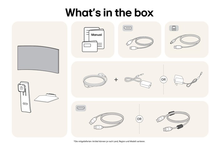 What’s in the box: LG UltraGear 45-Zoll Gaming-Monitor, Standfuß, Basis, Handbücher, Netzadapter und Verbindungskabel.