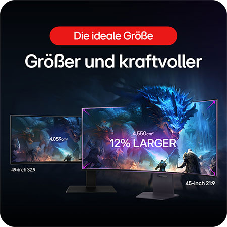 LG UltraGear 45-Zoll Gaming-Monitor im 21:9-Format mit 12 % größerer Bildschirmfläche im Vergleich zu einem 49-Zoll-32:9-Display.