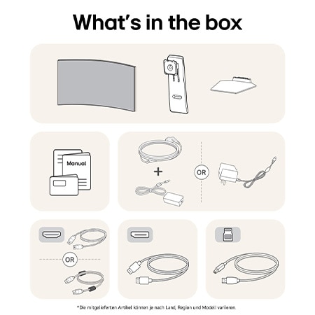 What’s in the box: LG UltraGear 45-Zoll Gaming-Monitor, Standfuß, Basis, Handbücher, Netzadapter und Verbindungskabel.