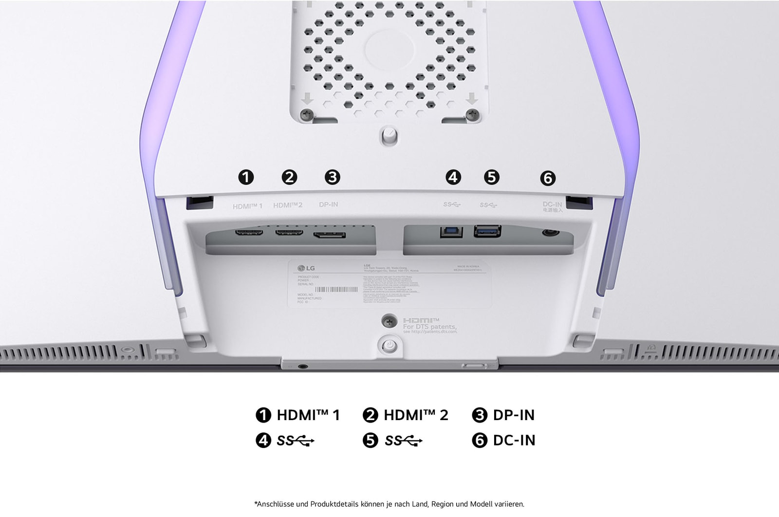 Rückseite des LG UltraGear 32-Zoll Gaming-Monitors mit verschiedenen Anschlussmöglichkeiten für flexible Gerätekonfiguration.