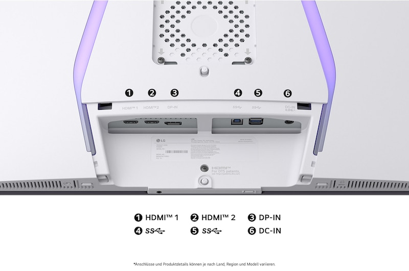 Rückseite des LG UltraGear 32-Zoll Gaming-Monitors mit verschiedenen Anschlussmöglichkeiten für flexible Gerätekonfiguration.
