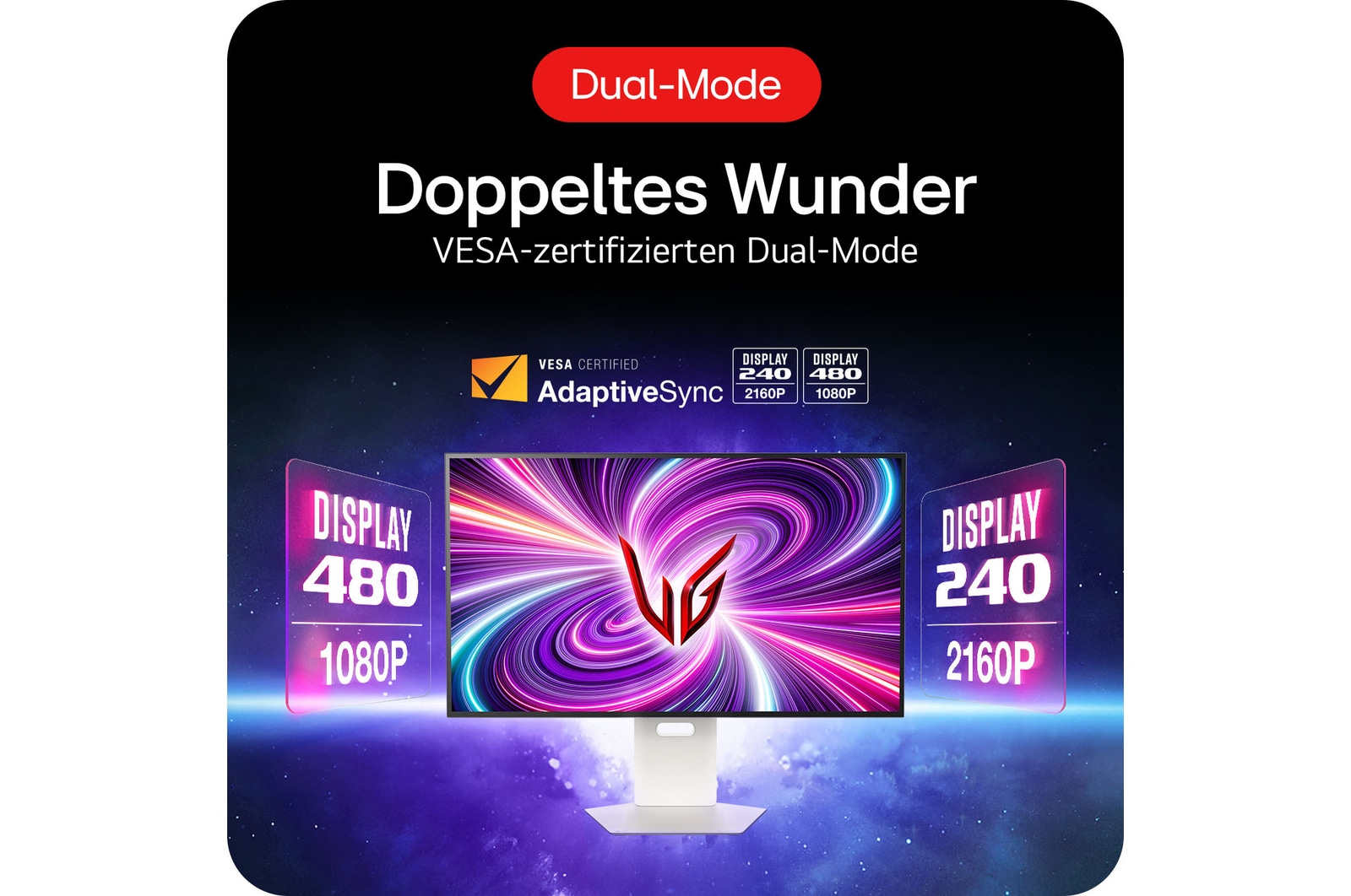 LG UltraGear 32-Zoll Gaming-Monitor mit VESA-zertifiziertem Dual-Mode für flexible Auflösung und Bildwiederholraten.