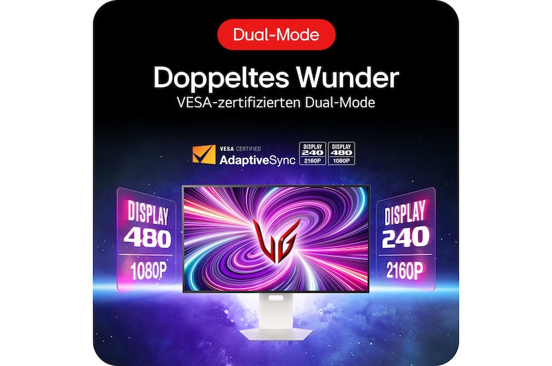 LG UltraGear 32-Zoll Gaming-Monitor mit VESA-zertifiziertem Dual-Mode für flexible Auflösung und Bildwiederholraten.