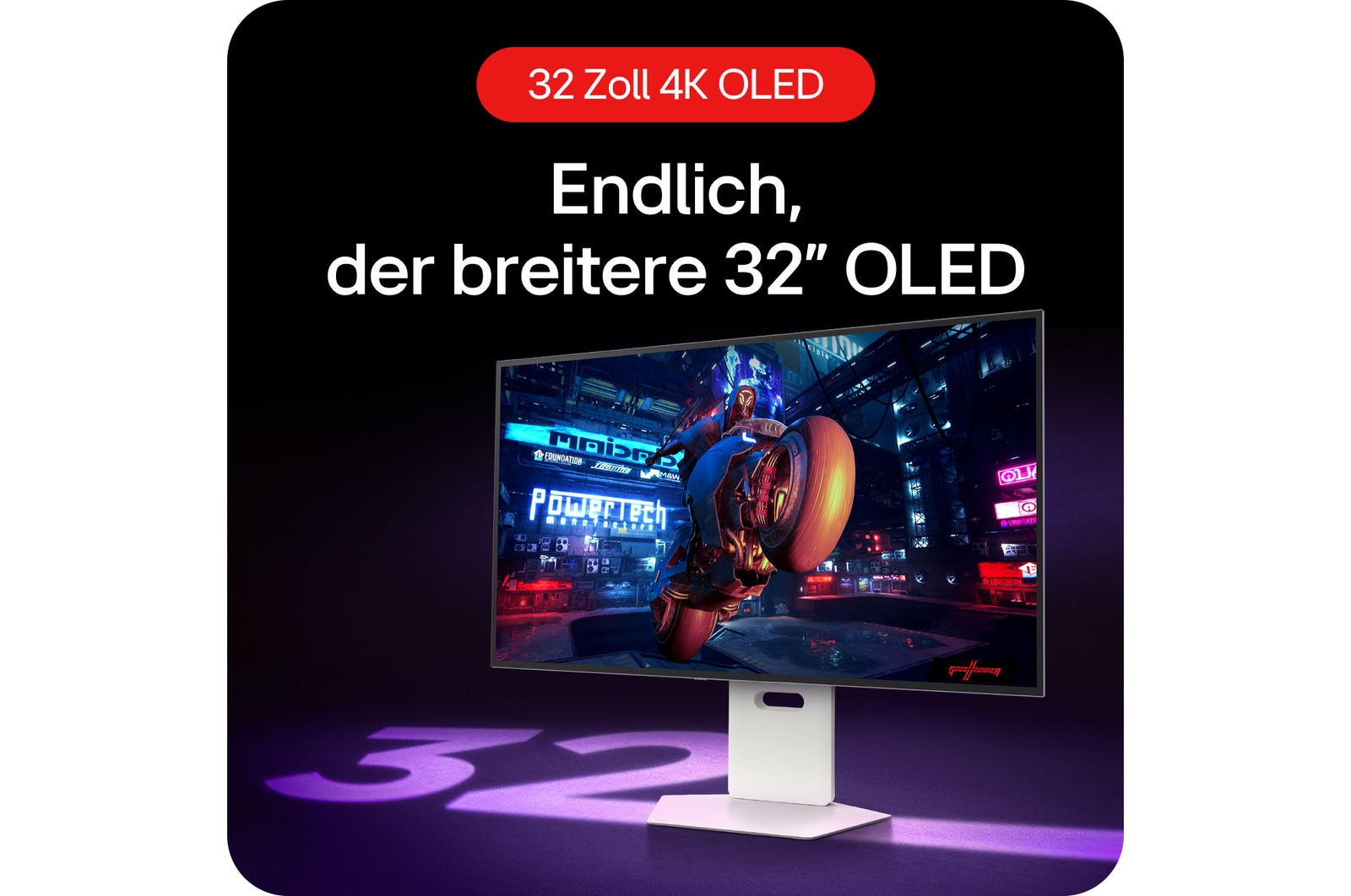 Breiter 32-Zoll 4K UHD OLED Bildschirm für ein intensives Gaming-Erlebnis.