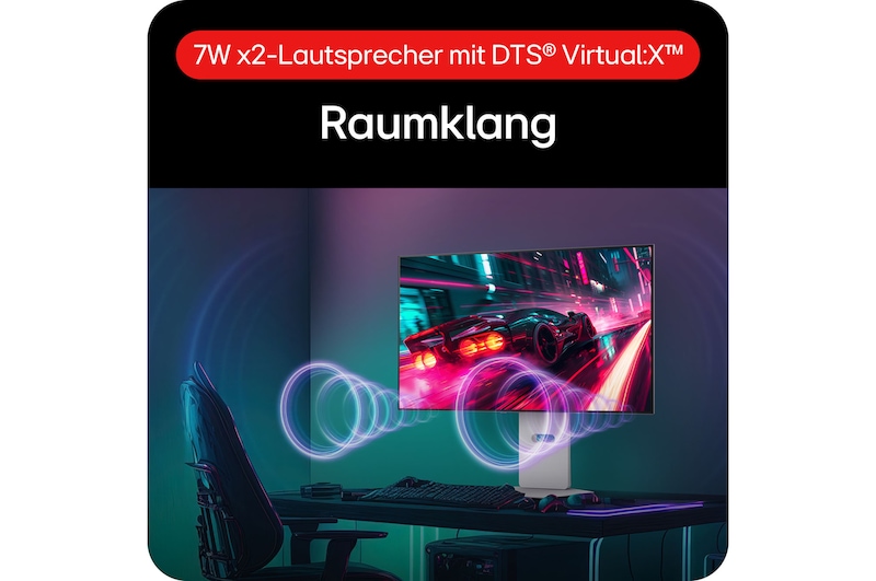 Integrierte 7W Dual-Lautsprecher mit DTS® Virtual:X™ für räumlichen Surround-Sound.