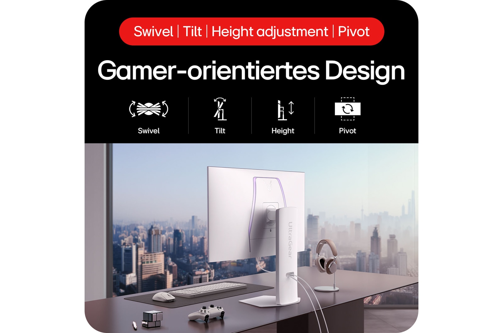 Ergonomisches Gaming-Design mit Schwenk-, Neige-, Höhenverstellung und Pivot-Funktion.