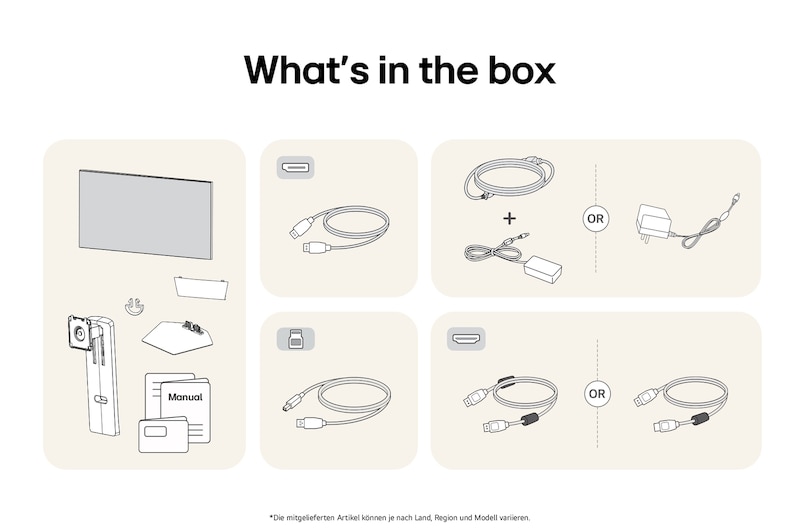 What’s in the box – LG UltraGear 32-Zoll Gaming-Monitor mit Standfußteilen, Handbüchern, Netzteil und Verbindungskabeln.