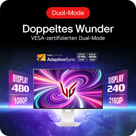 LG UltraGear 32-Zoll Gaming-Monitor mit VESA-zertifiziertem Dual-Mode für flexible Auflösung und Bildwiederholraten.