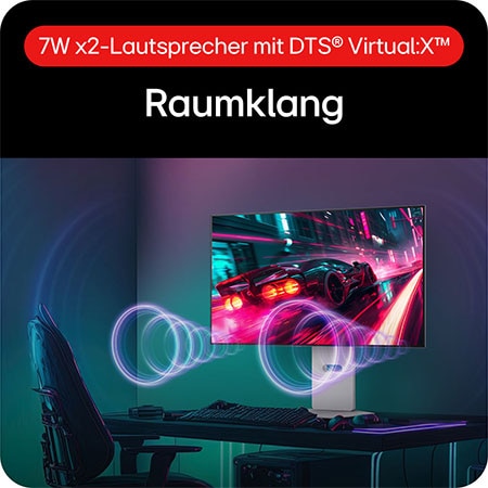 Integrierte 7W Dual-Lautsprecher mit DTS® Virtual:X™ für räumlichen Surround-Sound.