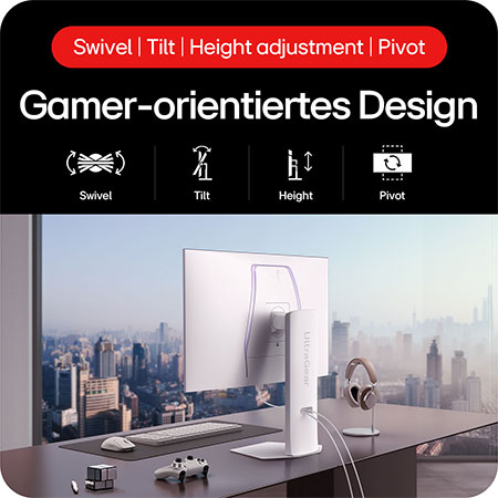 Ergonomisches Gaming-Design mit Schwenk-, Neige-, Höhenverstellung und Pivot-Funktion.