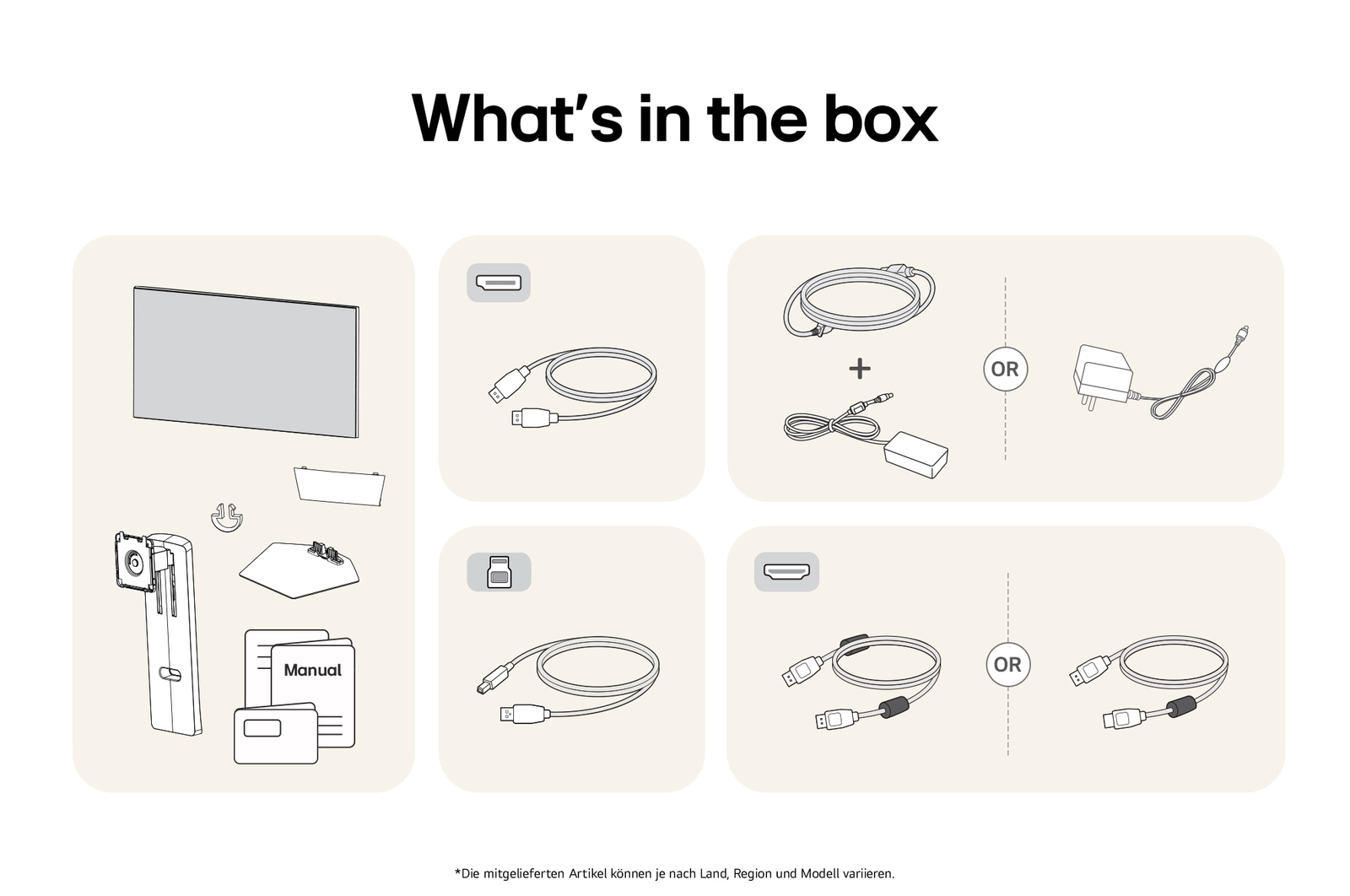 What’s in the box – LG UltraGear 32-Zoll Gaming-Monitor mit Standfußteilen, Handbüchern, Netzteil und Verbindungskabeln.