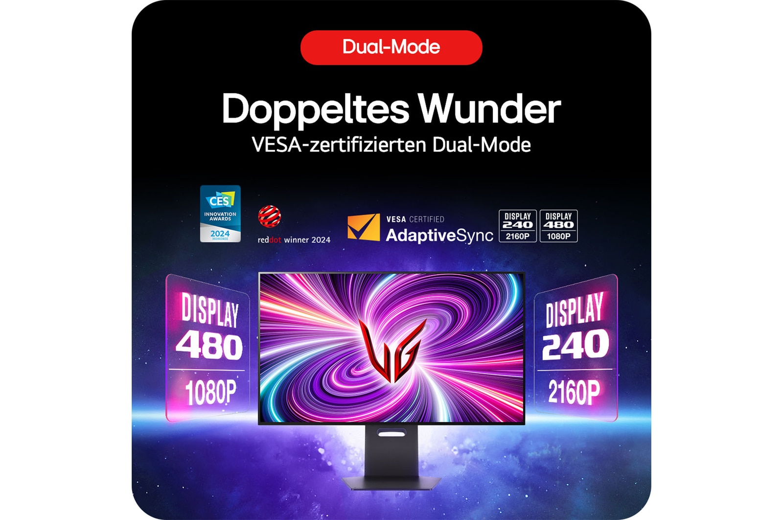 LG UltraGear 32-Zoll Gaming-Monitor mit VESA-zertifiziertem Dual-Mode für flexible Auflösung und Bildwiederholraten.