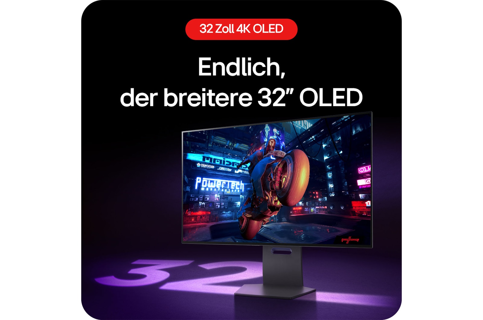 Breiter 32-Zoll 4K UHD OLED Bildschirm für ein intensives Gaming-Erlebnis.