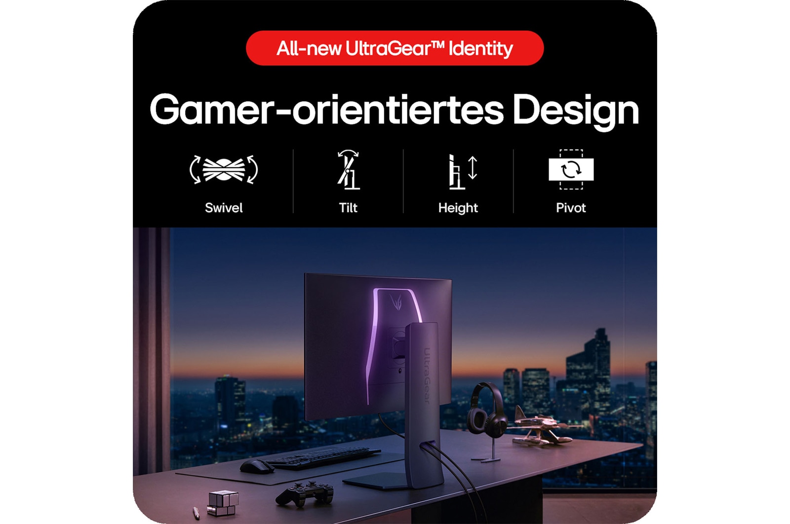 Ergonomisches Gaming-Design mit Schwenk-, Neige-, Höhenverstellung und Pivot-Funktion.