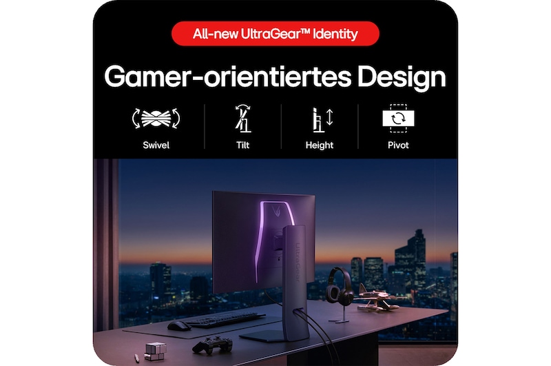 Ergonomisches Gaming-Design mit Schwenk-, Neige-, Höhenverstellung und Pivot-Funktion.