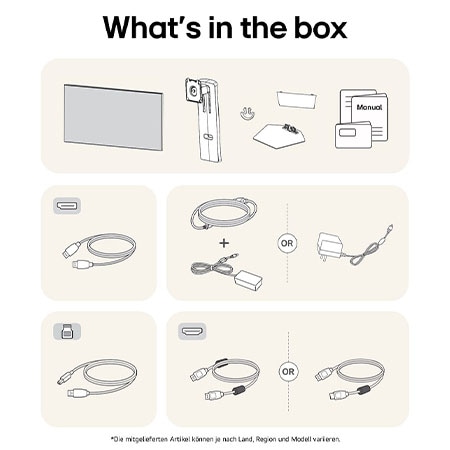 What’s in the box – LG UltraGear 32-Zoll Gaming-Monitor mit Standfußteilen, Handbüchern, Netzteil und Verbindungskabeln.