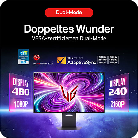 LG UltraGear 32-Zoll Gaming-Monitor mit VESA-zertifiziertem Dual-Mode für flexible Auflösung und Bildwiederholraten.