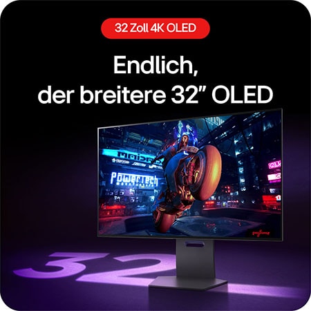 Breiter 32-Zoll 4K UHD OLED Bildschirm für ein intensives Gaming-Erlebnis.