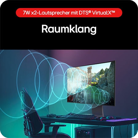 Integrierte 7W Dual-Lautsprecher mit DTS® Virtual:X™ für räumlichen Surround-Sound.